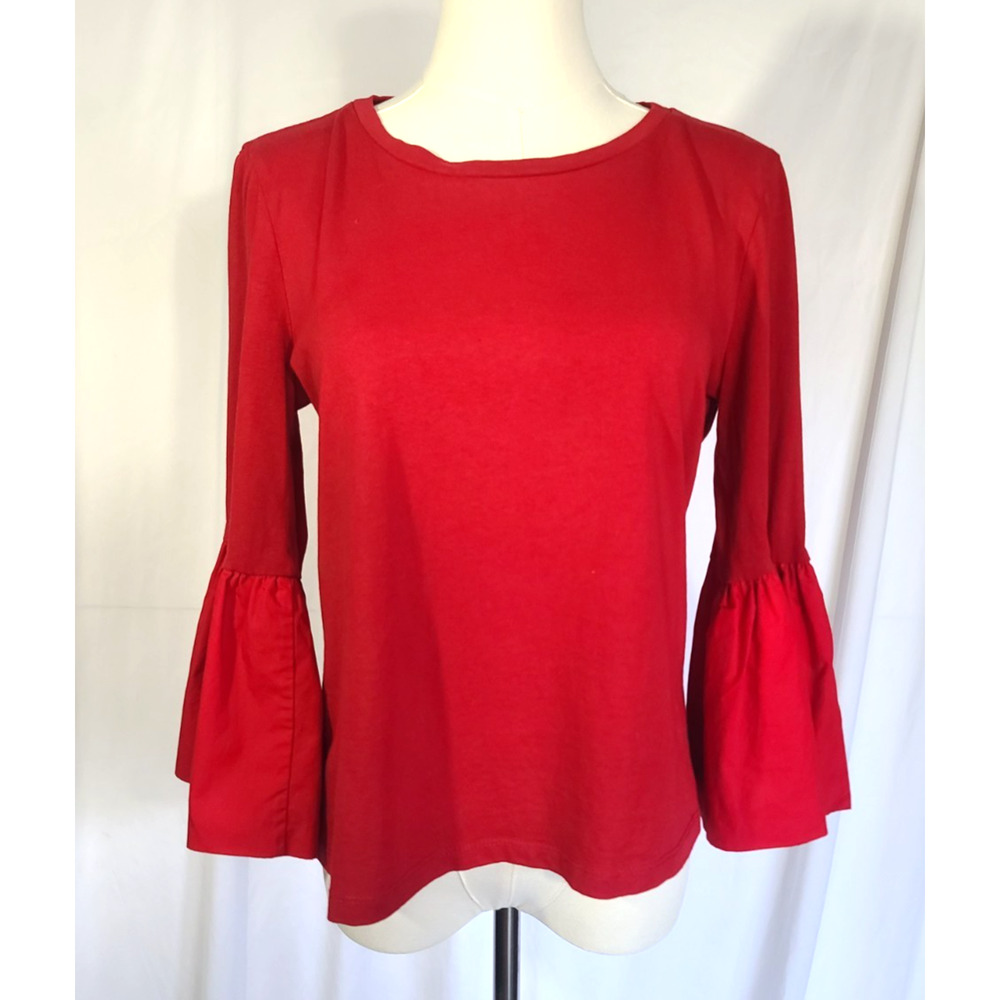 Anthropologie Womens Solid Red Flared Sleeve Shirt Top Small
